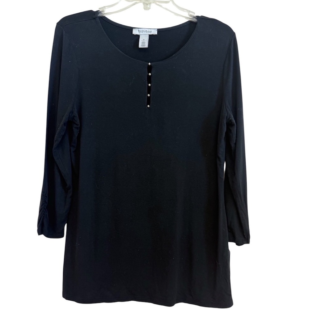 White House Black Market Black Long Sleeve Faux Pearl Button Top Womens M